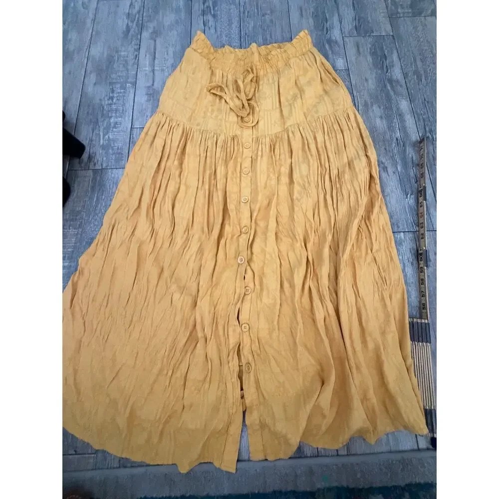 Maeve Carnacion Textured Maxi Skirt Size M Mustard Drawstring Waist Button Front